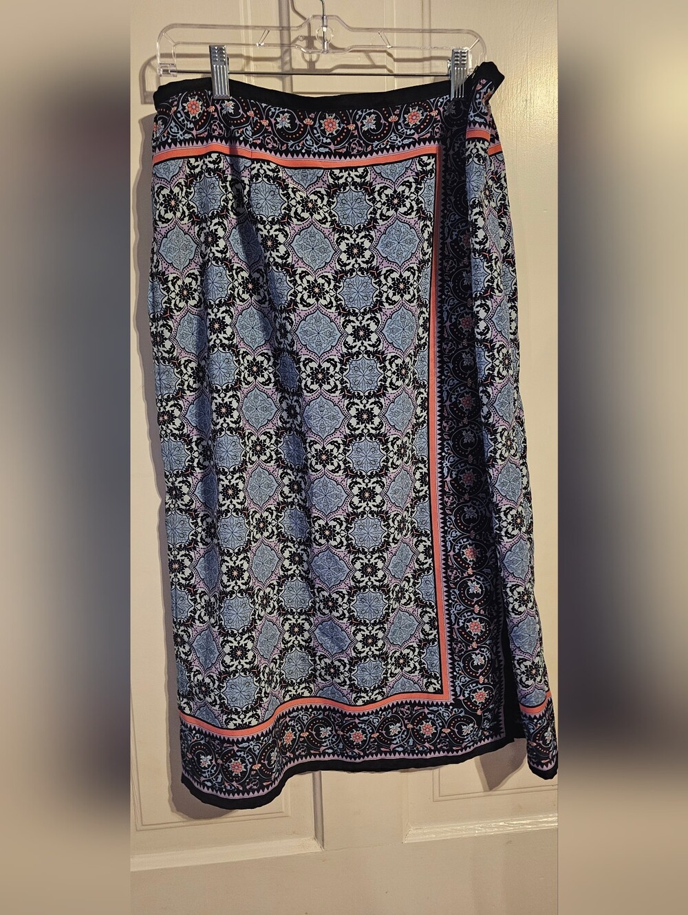 Sag Harbor Blue, Black and Pink Printed Border Faux Wrap Midi Skirt